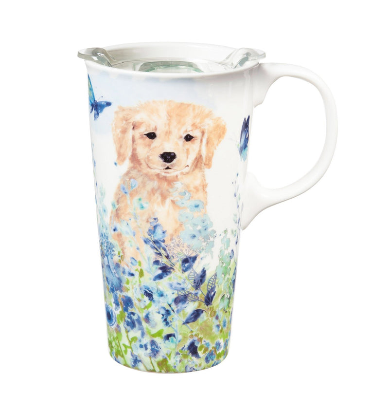 Ceramic Travel Cup, 17 OZ. ,w/box and Tritan Lid, Puppies in the meadow,3ctc007042