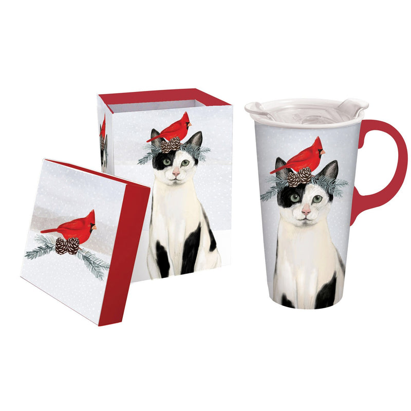 Cypress Home Beautiful Christmas Cat Ceramic Travel Cup with Tritan Lid and Matching Box - 4 x 5 x 7 Inches Indoor/Outdoor home goods For Kitchens, Parties and Homes