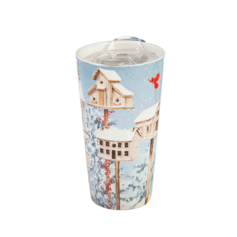 Ceramic Travel Cup, 17 OZ. ,w/box and Tritan Lid, White Holiday Birdhouses,3ctc007206