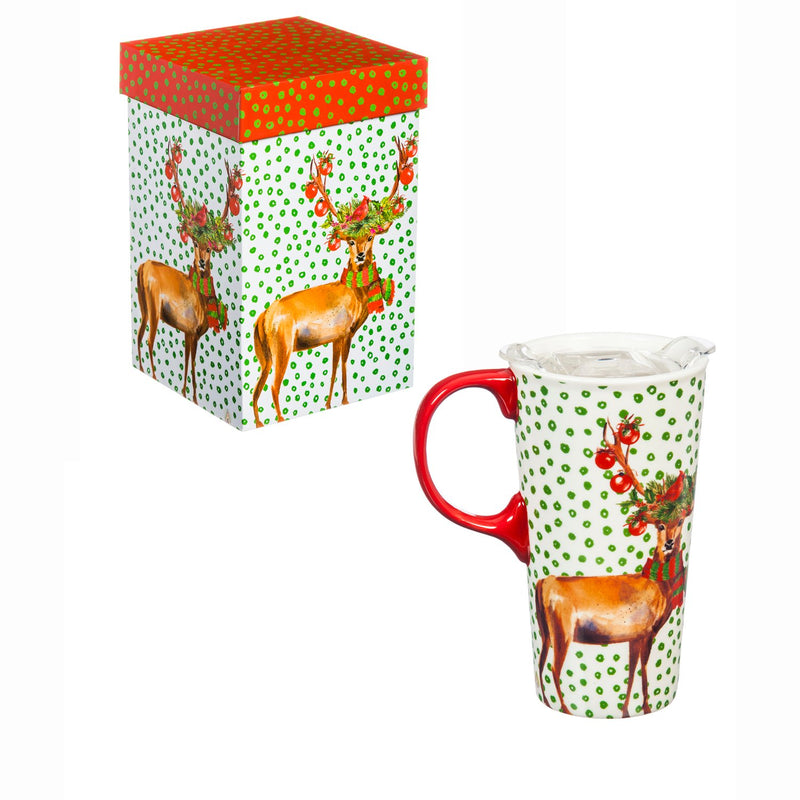 Ceramic Travel Cup, 17 OZ. ,w/box and Tritan Lid, Festive Deer,3ctc007317