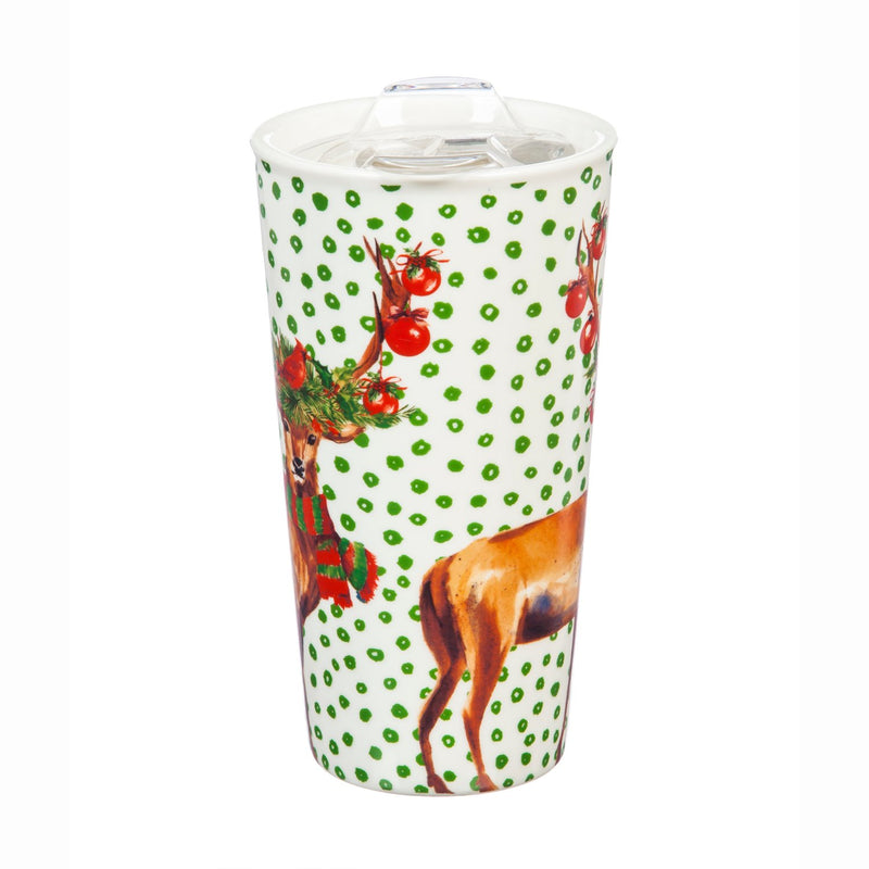 Ceramic Travel Cup, 17 OZ. ,w/box and Tritan Lid, Festive Deer,3ctc007317