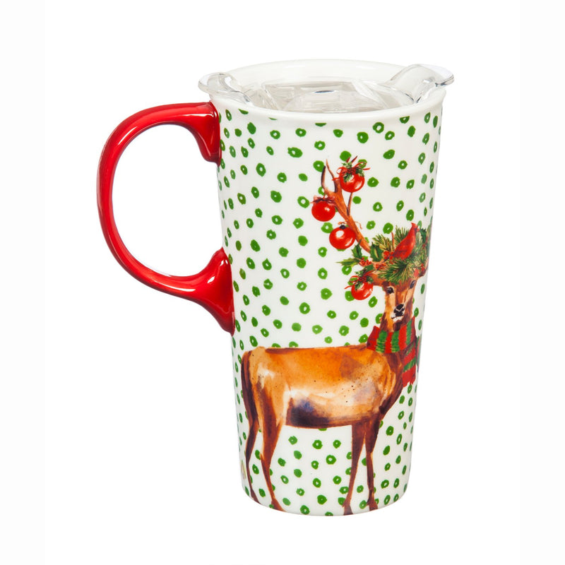 Ceramic Travel Cup, 17 OZ. ,w/box and Tritan Lid, Festive Deer,3ctc007317