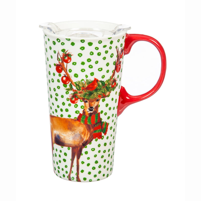 Ceramic Travel Cup, 17 OZ. ,w/box and Tritan Lid, Festive Deer,3ctc007317