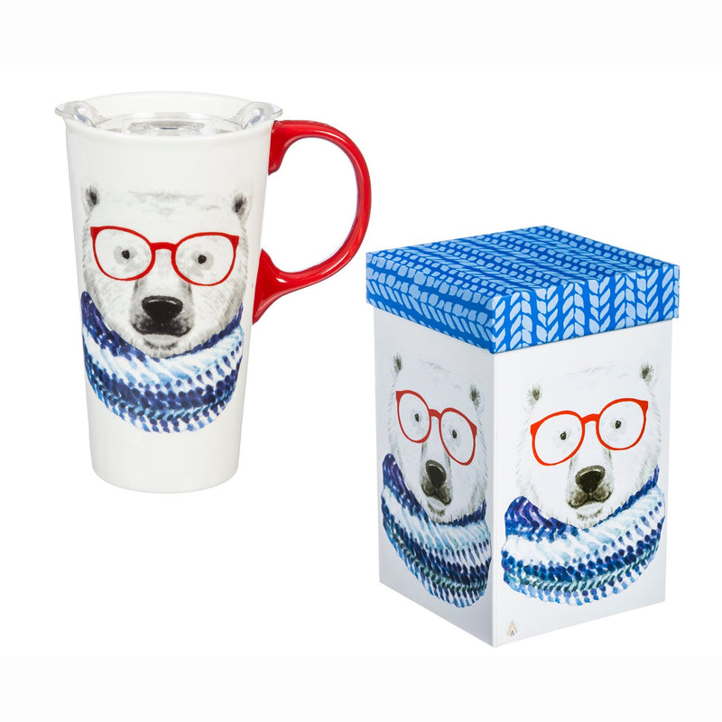 Ceramic Travel Cup, 17 OZ. ,w/box and Tritan Lid, Polar Bear in Knitted Scarf,3ctc007318