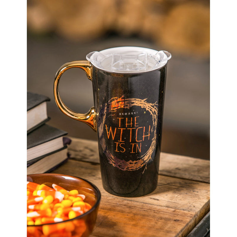 Cypress Home Beautiful The Witch Is In Ceramic Travel Cup with Tritan Lid and Matching Box - 4 x 5 x 7 Inches Indoor/Outdoor home goods For Kitchens, Parties and Homes