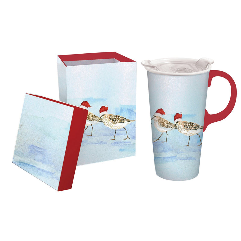 Ceramic Travel Cup, 17 OZ. ,w/box and Tritan Lid, Holiday Sandpipers,3ctc007334