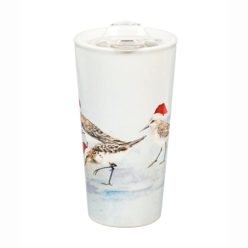 Ceramic Travel Cup, 17 OZ. ,w/box and Tritan Lid, Holiday Sandpipers,3ctc007334