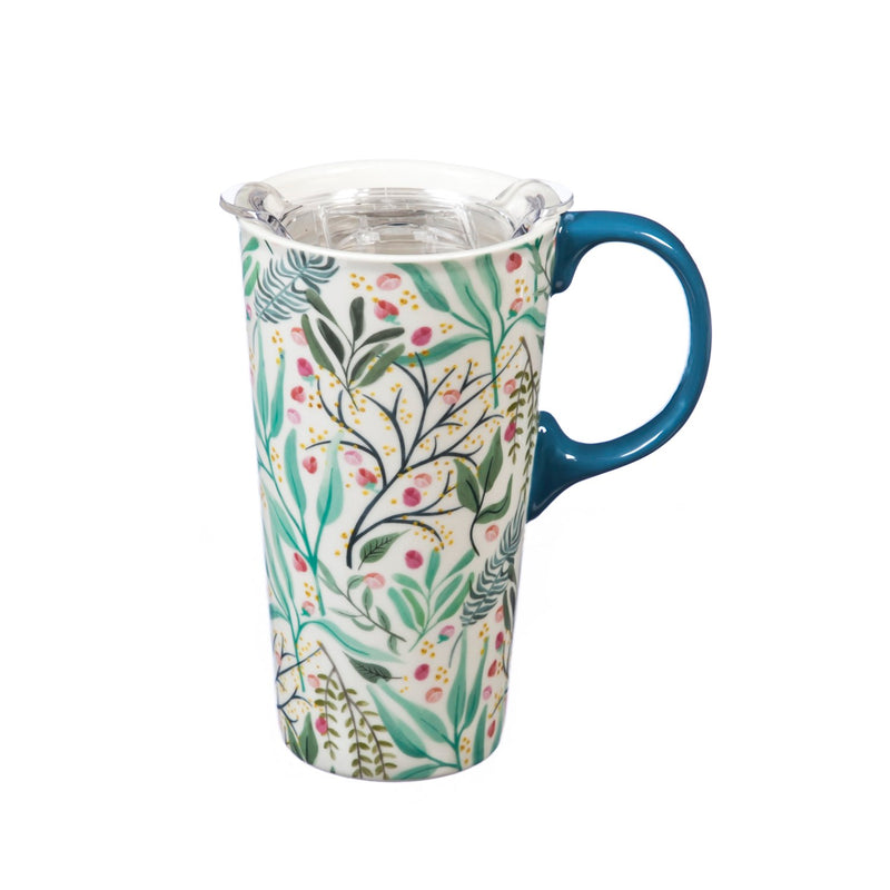 Ceramic Travel Cup, 17 OZ. ,w/box and Tritan Lid, Floral Cadence,3ctc007479