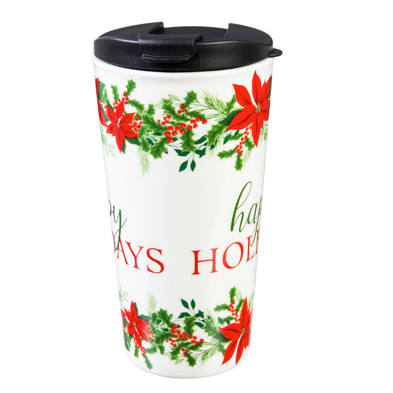 Ceramic Travel Cup, 17 OZ. ,w/box, Happy Holidays,3ctc01095