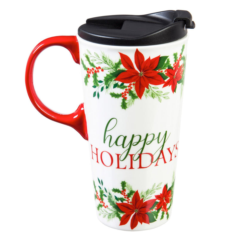 Ceramic Travel Cup, 17 OZ. ,w/box, Happy Holidays,3ctc01095