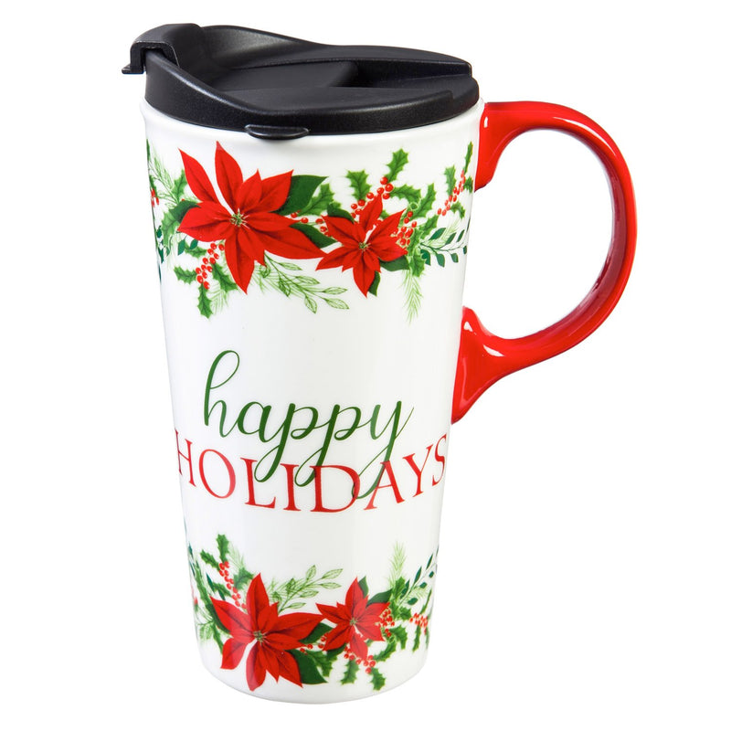 Ceramic Travel Cup, 17 OZ. ,w/box, Happy Holidays,3ctc01095