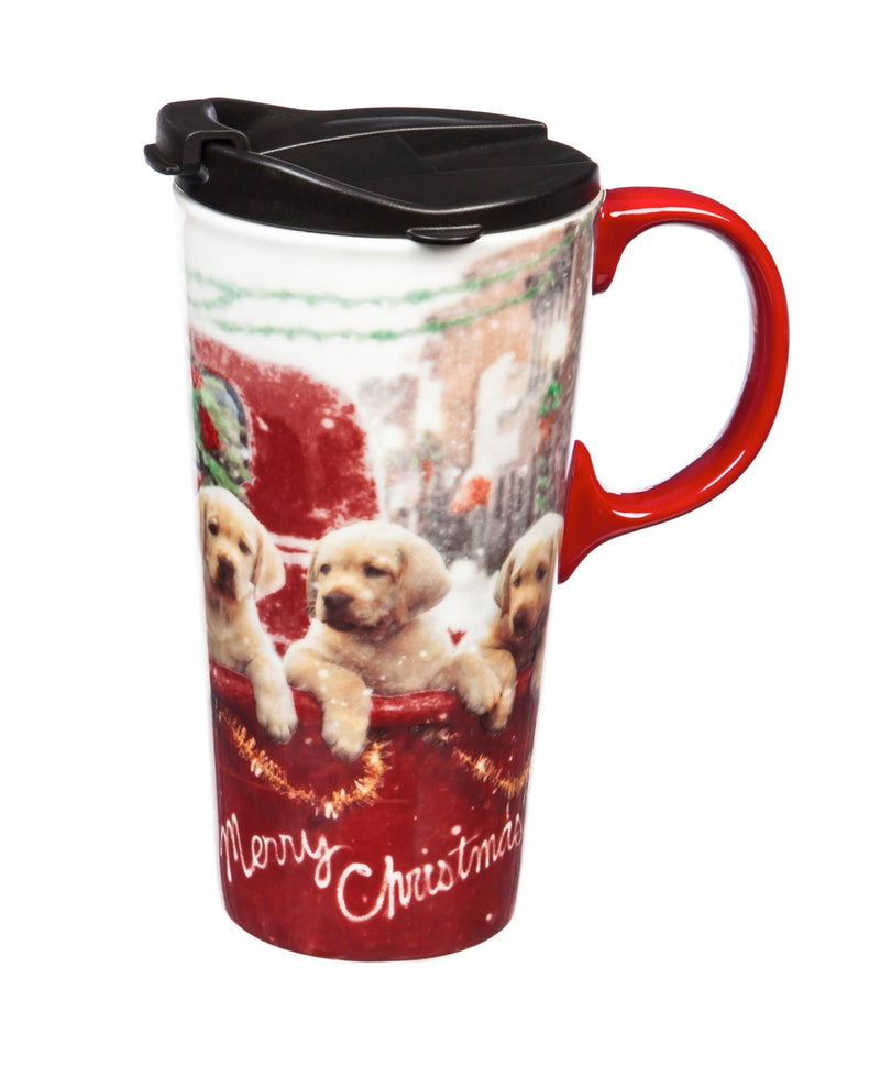 Cypress Home Beautiful Lab Puppies in Red Truck Ceramic Travel Cup with Matching Box - 4 x 5 x 7 Inches Indoor/Outdoor home goods For Kitchens, Parties and Homes