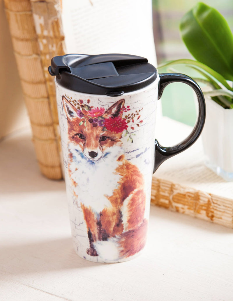 Fox with Headdress Ceramic Travel Cup - 5 x 7 x 4 Inches