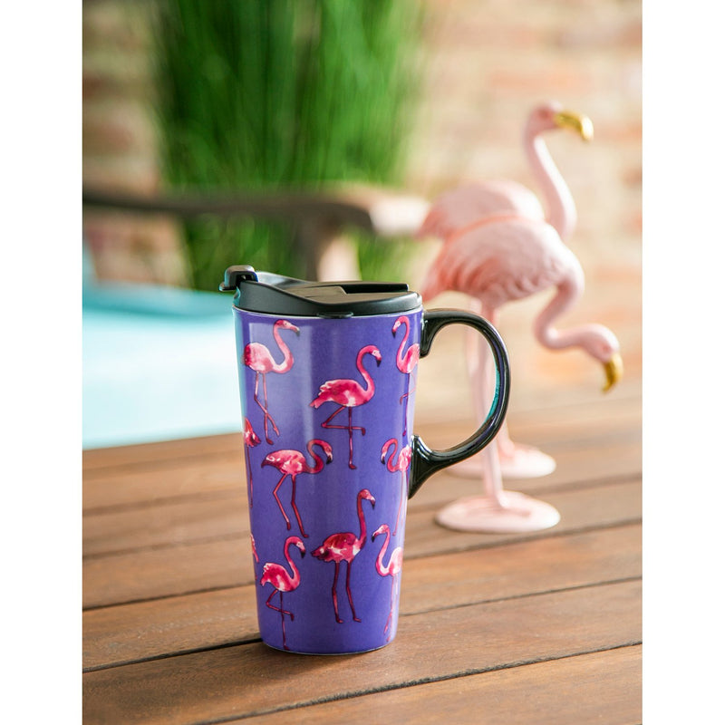 Ceramic Travel Cup, 17 OZ. ,w/box, Flamingos,3ctc017497