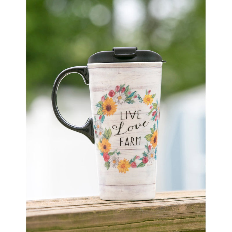 Ceramic Travel Cup, 17 OZ. ,w/box, Live Love Farm,3ctc017501