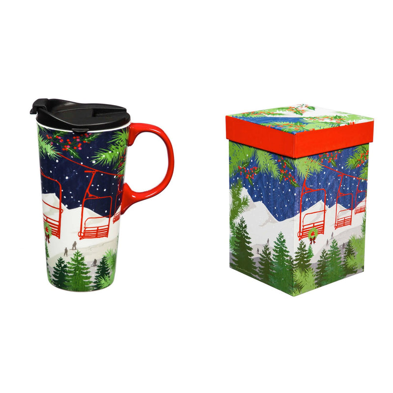 Ceramic Travel Cup, 17 OZ. ,w/box, Winter Ski Lift,3ctc017784