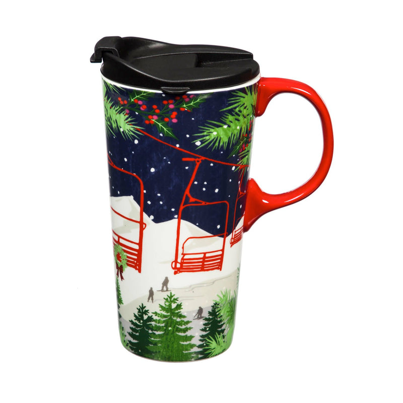 Ceramic Travel Cup, 17 OZ. ,w/box, Winter Ski Lift,3ctc017784