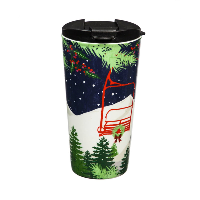 Ceramic Travel Cup, 17 OZ. ,w/box, Winter Ski Lift,3ctc017784