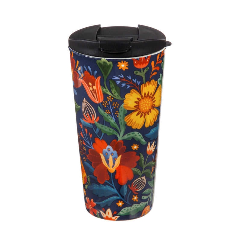 Ceramic Travel Cup, 17 OZ. ,w/box, Folky Fun, 5.25"x3.6"x7"inches