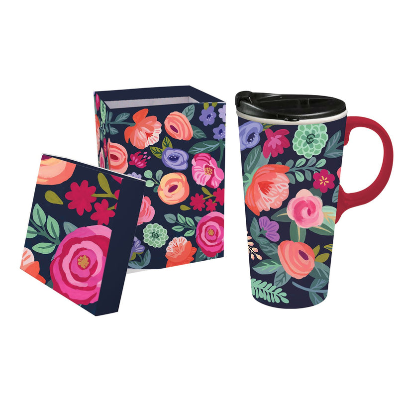 Ceramic Travel Cup, 17 OZ. ,w/box, Midnight Floral Garden,3ctc017842