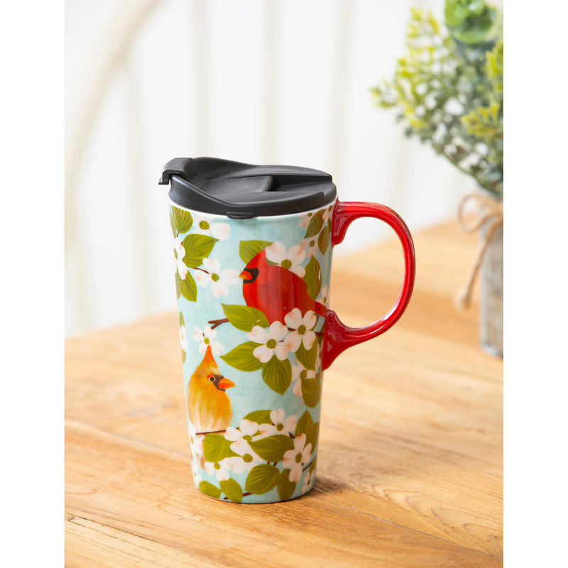 Ceramic Travel Cup, 17 oz., w/box, Spring Cardinal,3ctc017876e