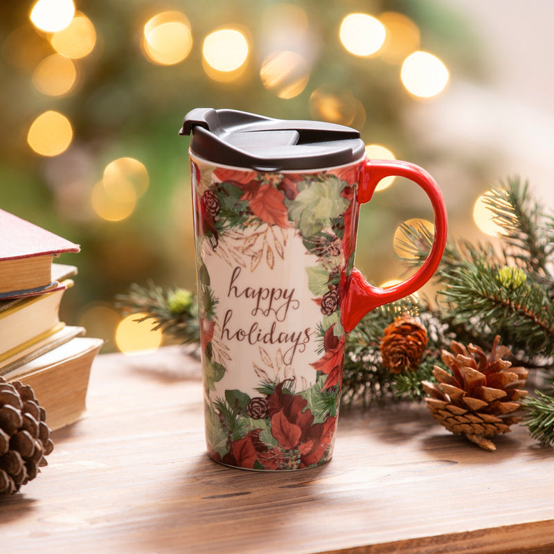 Ceramic Travel Cup, 17 OZ. ,w/box, Happy Holidays,3ctc017892