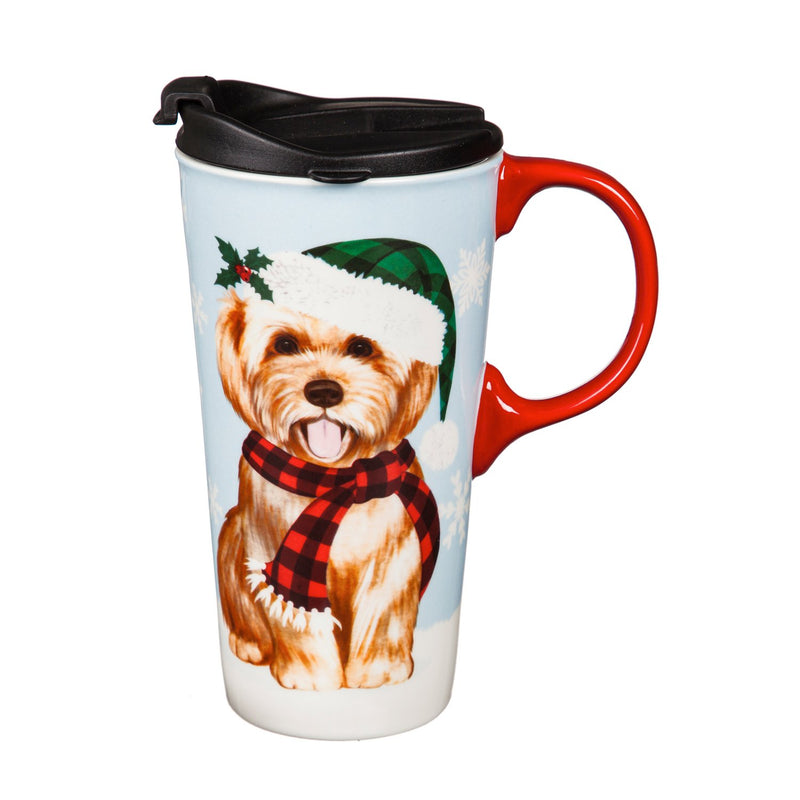 Ceramic Travel Cup, 17 OZ. ,w/box, Winter Puppy,3ctc017893