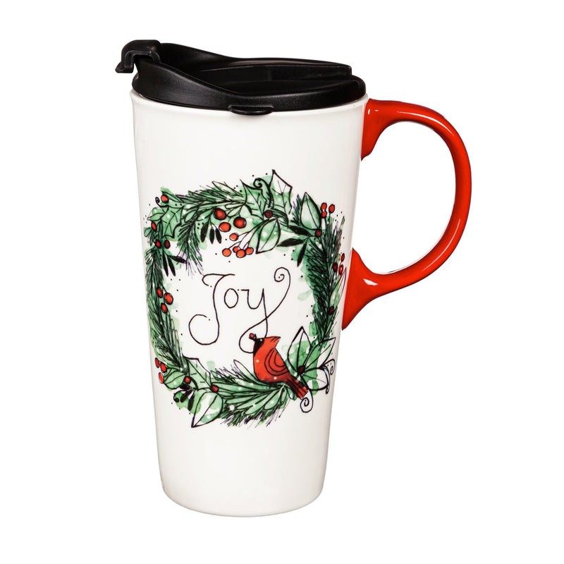 Ceramic Travel Cup, 17 OZ. ,w/box, Cardinal & Wreath,3ctc017896