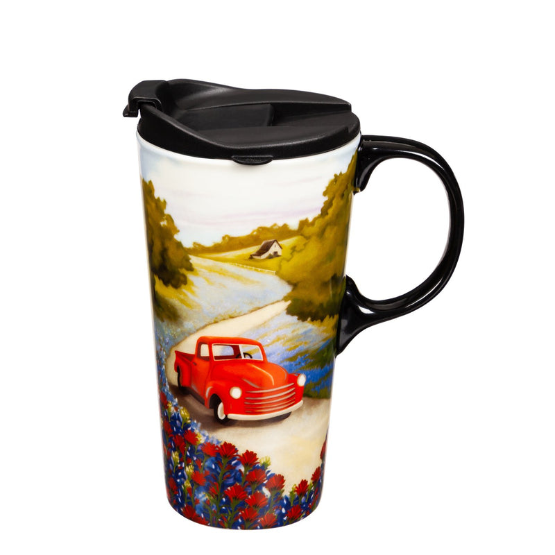 Ceramic Travel Cup, 17 oz., w/box, Blue Bonnet and Red Truck,3ctc017907