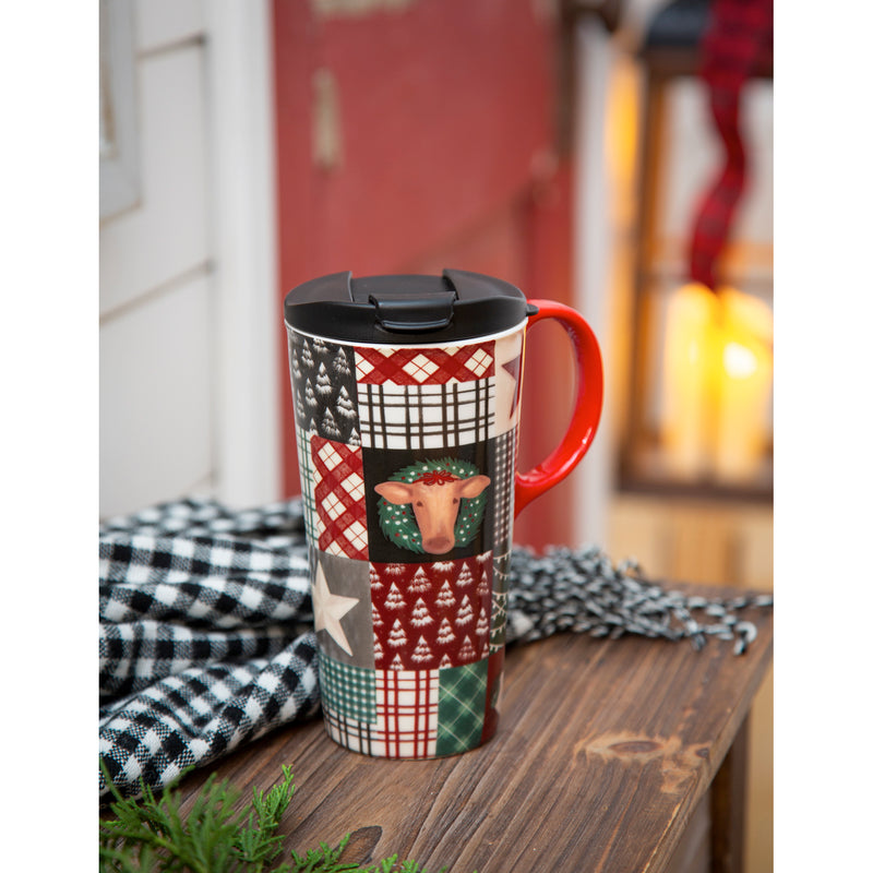 Ceramic Travel Cup, 17 OZ. ,w/box, Holiday Icons and Patterns,3ctc017926