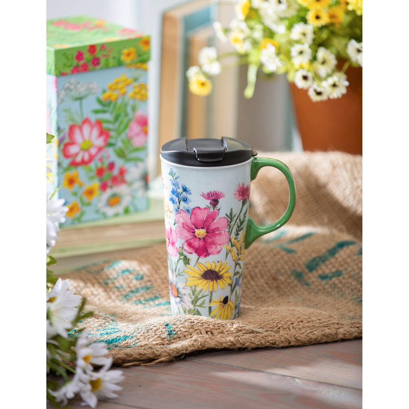 Ceramic Travel Cup, 17 OZ. ,w/box, Spring Wildflowers, 5.24"x3.55"x7"inches