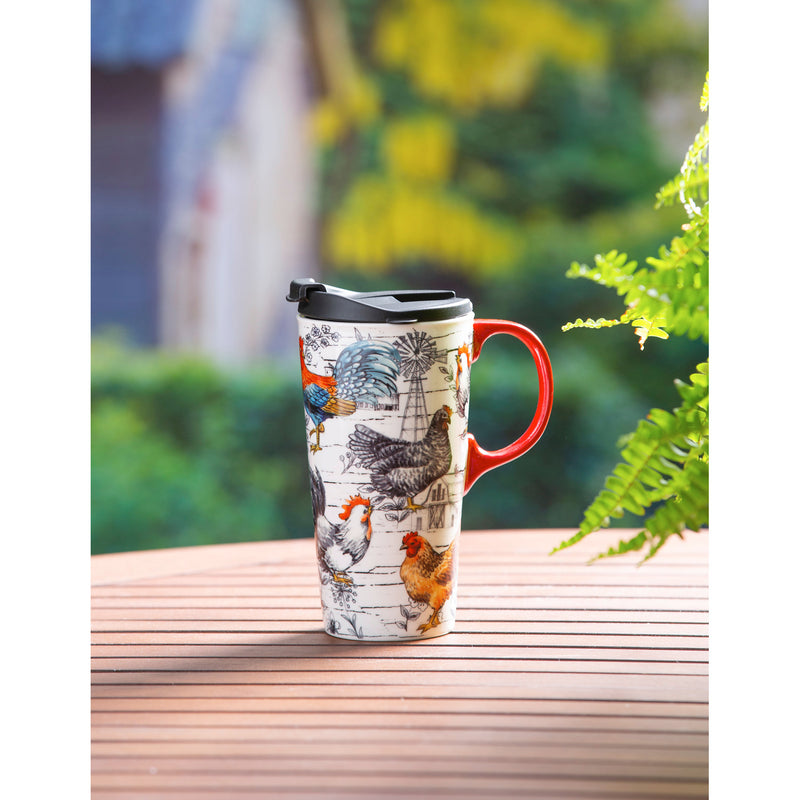 Ceramic Travel Cup, 17 OZ. ,w/box, Chicken Collage, 5.24"x3.55"x7"inches