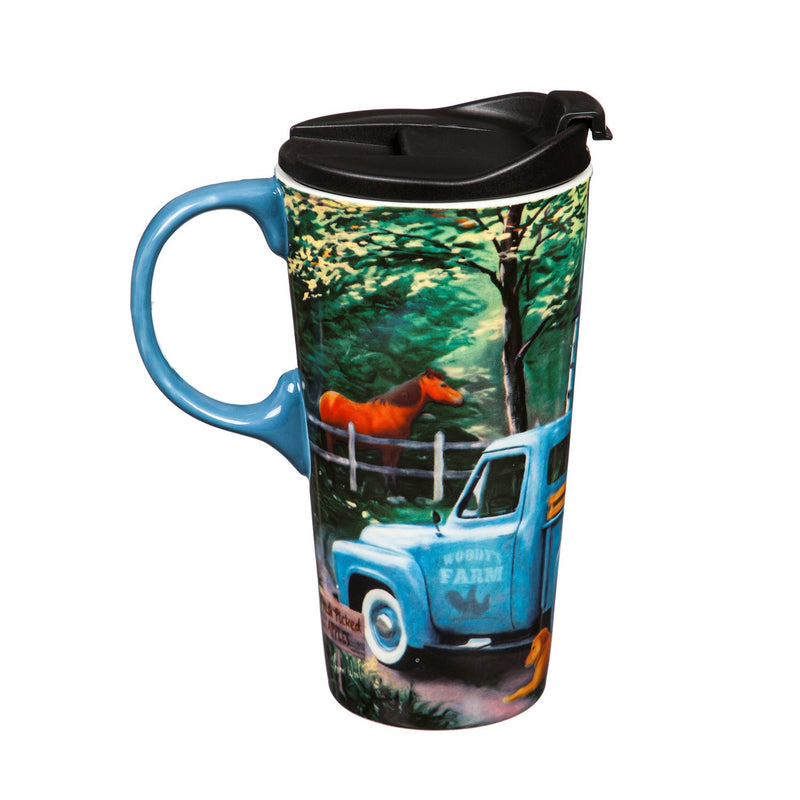 Ceramic Travel Cup, 17 OZ. ,w/box, Blue Farm Truck,3ctc017948