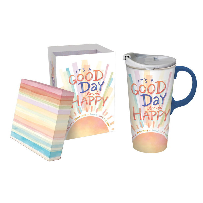 Ceramic Travel Cup, 17 OZ., w/box, It's A Good Day To Be Happy,3ctc04003