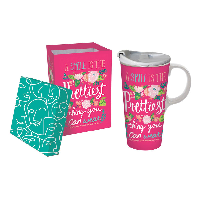 Cypress Home Ceramic Travel Cup, 17 OZ, With Box, A Smile Is the Prettiest Thing You Can Wear