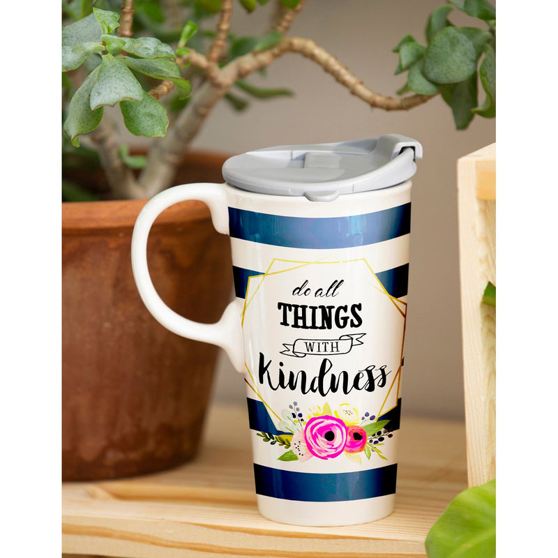 Cypress Home Ceramic Travel Cup, 17 Oz, With box, Do All Things With Kindness