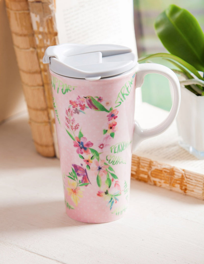 Ceramic Travel Cup w/box, 17 OZ., Courage Pink Ribbon,3ctc047028