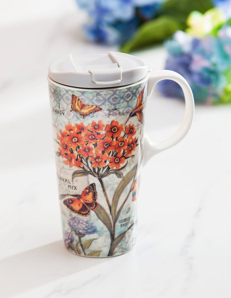 Ceramic Travel Cup w/box, 17 OZ., Botanical Floral with butterflies,3ctc047044