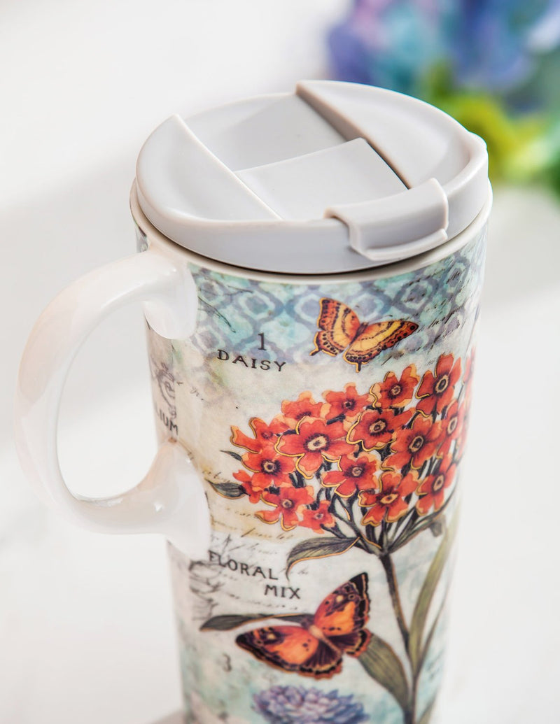 Ceramic Travel Cup w/box, 17 OZ., Botanical Floral with butterflies,3ctc047044