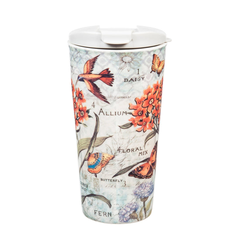 Ceramic Travel Cup w/box, 17 OZ., Botanical Floral with butterflies,3ctc047044