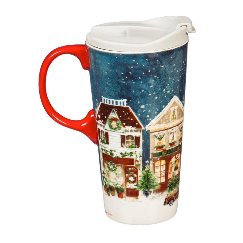 Ceramic Travel Cup, 17 OZ. ,w/box, Christmas Village Night,3ctc047179