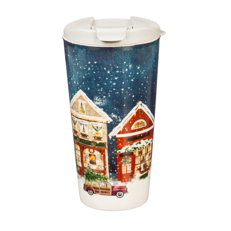 Ceramic Travel Cup, 17 OZ. ,w/box, Christmas Village Night,3ctc047179