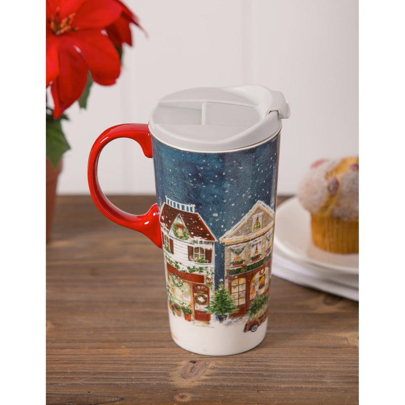 Ceramic Travel Cup, 17 OZ. ,w/box, Christmas Village Night,3ctc047179