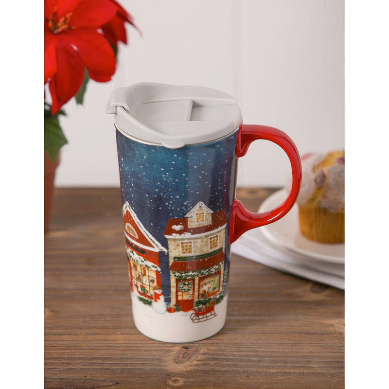 Ceramic Travel Cup, 17 OZ. ,w/box, Christmas Village Night,3ctc047179