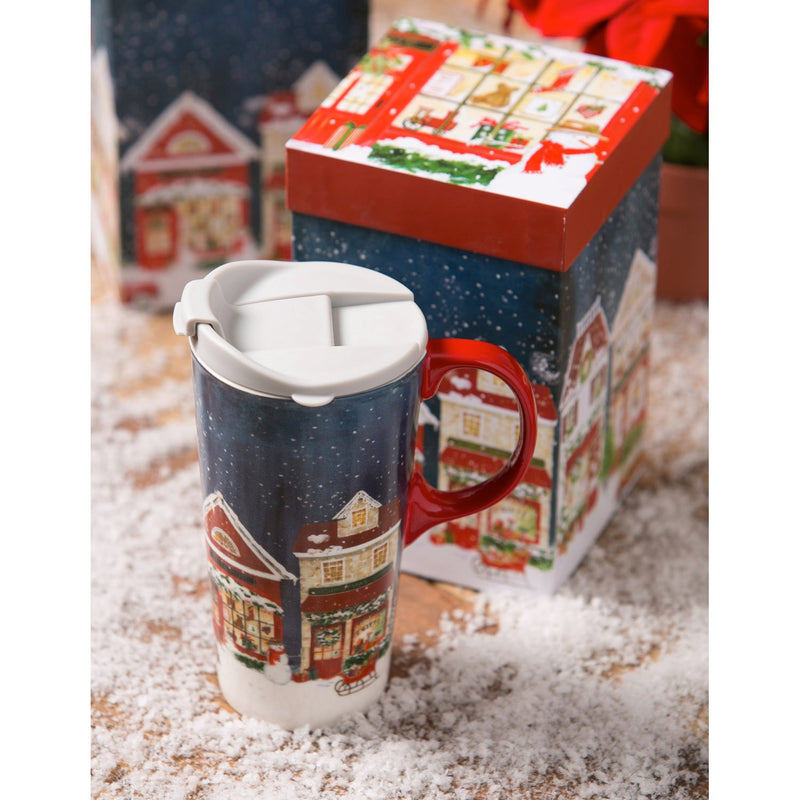 Ceramic Travel Cup, 17 OZ. ,w/box, Christmas Village Night,3ctc047179