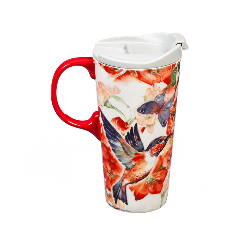 Ceramic Travel Cup, 17 OZ. ,w/box, Hummingbird and Butterflies,3ctc047493