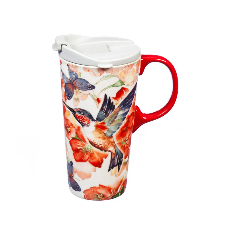 Ceramic Travel Cup, 17 OZ. ,w/box, Hummingbird and Butterflies,3ctc047493