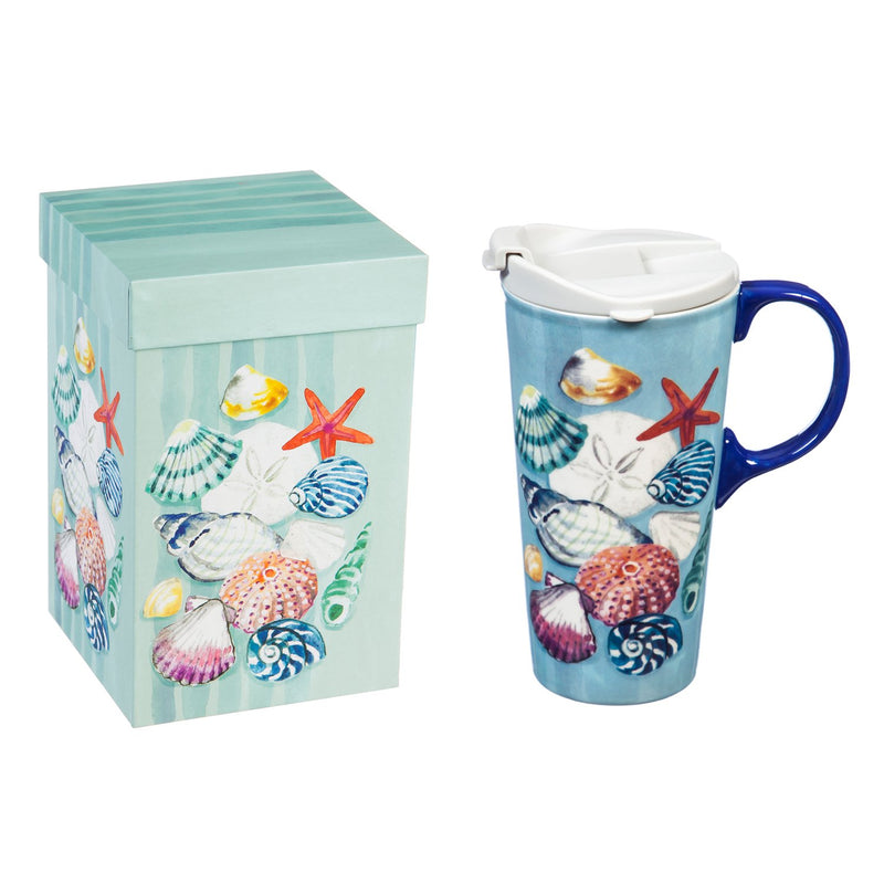 Ceramic Travel Cup, 17 OZ. ,w/box, Seashells,3ctc047495