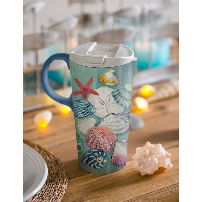 Ceramic Travel Cup, 17 OZ. ,w/box, Seashells,3ctc047495