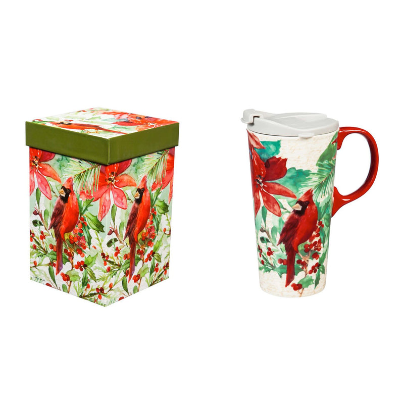 Ceramic Travel Cup, 17 OZ. ,w/box, Cardinal and Poinsettia,3ctc047760